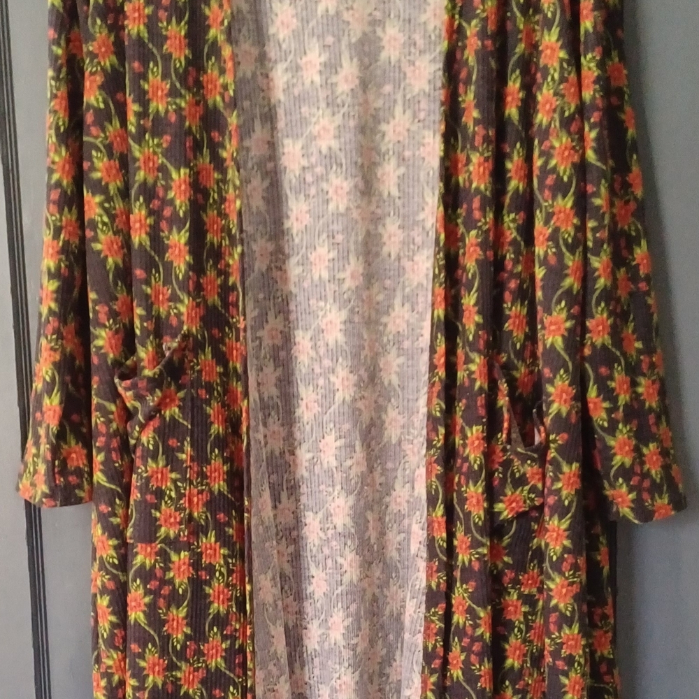 LuLaRoe Gray and Pink Floral Knit Maxi Cardigan